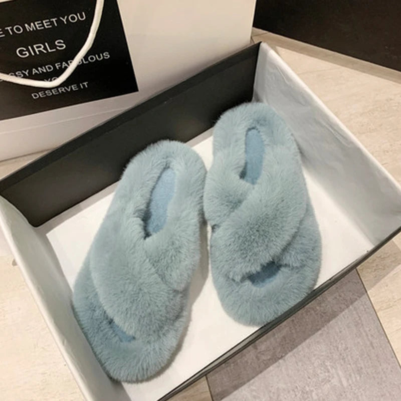Women Furry Fur Slippers Soft Faux Fur Slides Ladies Plush House Slippers Cross Strap Open Toe Flat Sandals Fluffy Warm Shoes