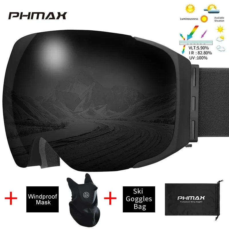 PHMAX Ski Goggles UV400 Anti-fog Eyewear Magnetic Lens Women Men Outdoor Sports Mountain Snowboard Big Snow Goggles With Mask