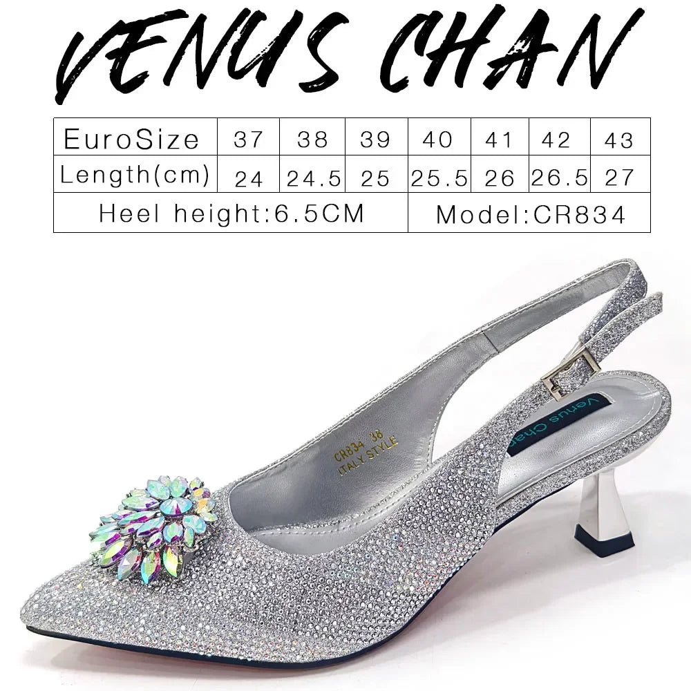 2024 Italian Design Rhinestone Luxury Wine Colour Pointed Toe Shoe & Bag Set Women's High Heels for Parties By Venus Chan