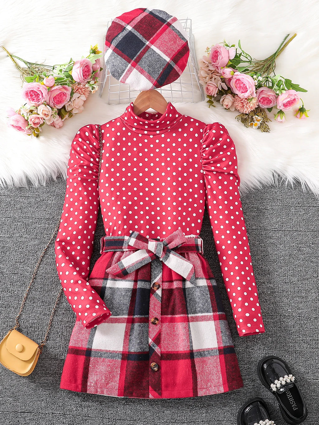 Girls fashion girls Spring and fall new set red high neck bubble long sleeve red plaid skirt + hat 3-piece outdoor casual dress
