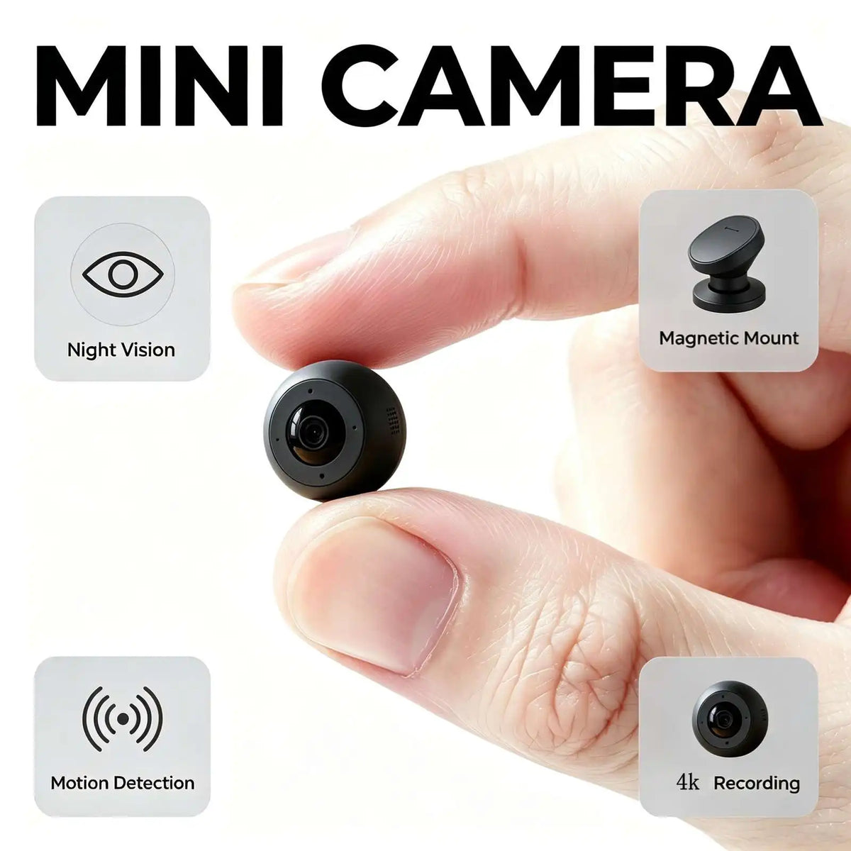 E1 Mini WiFi Security Camera, 4K Ultra HD tiny surveillance cam with infrared night vision, motion detection alert, loop recording. Compact portable design for home, office, car indoor monitoring. Real‑time phone remote vie