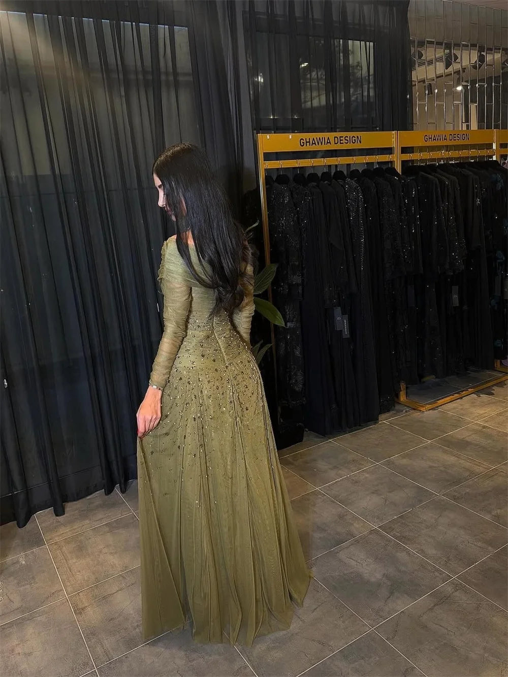 Sansa Customized Olive Modest Flared Off Shoulder Prom Dresses Glitter Stone Sheer Long Sleeve vestidos de noche Wedding Party 2