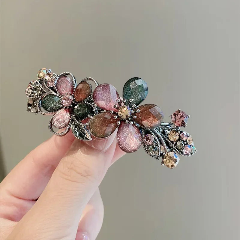 Elegant Colorful Rhinestone Flower Spring Hair Clip One Word Clip Women's Back of Head Half-tied Barrettes Hair Accessories