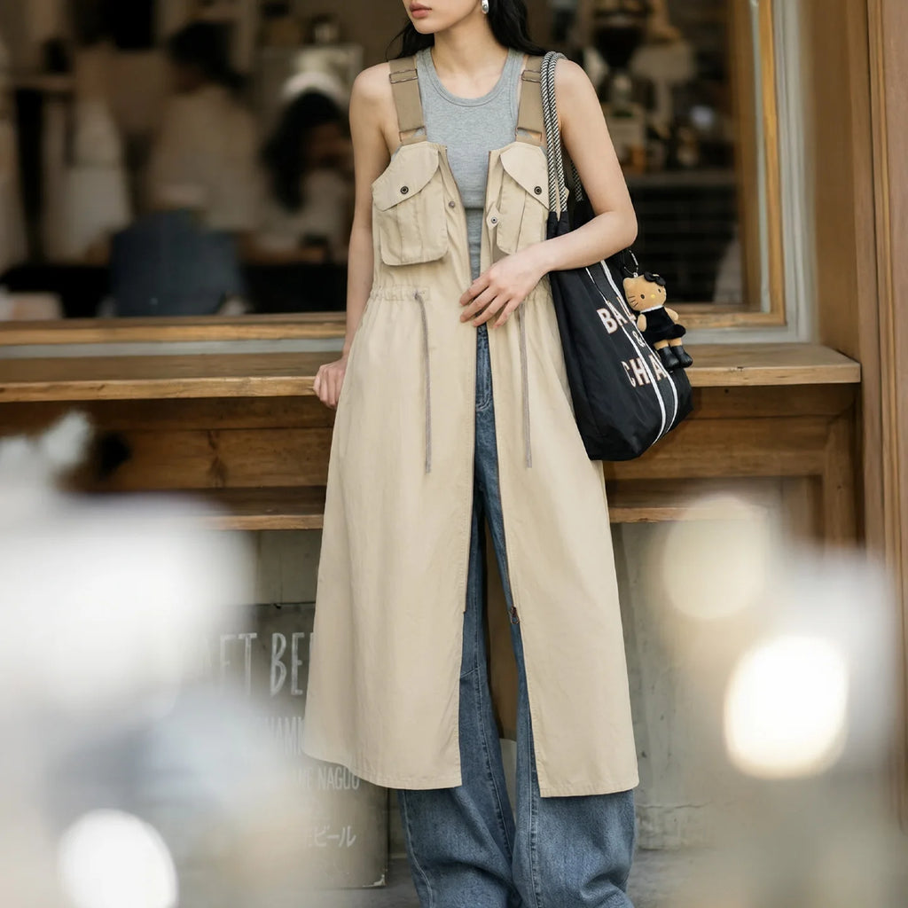 Maden Women's Workwear Suspender Dress Fitted Waist A Line Split Light Long Breathable Loose Casual Summer Outer Dress  Overall