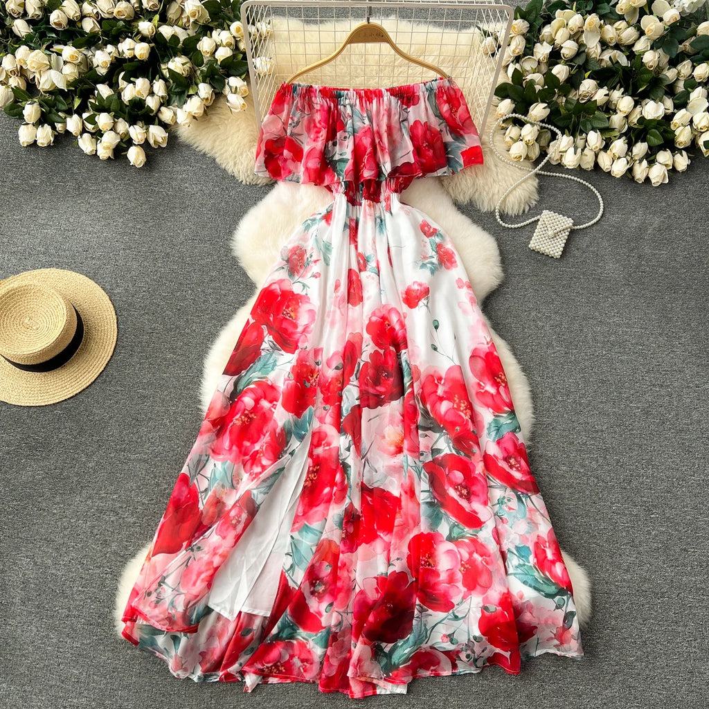 Chic Sexy Off Shoulder Print Ruffle Slash Neck Dress Fairy Print Casual A-line Dress Summer Elegant Beach Vacation Women Dresses