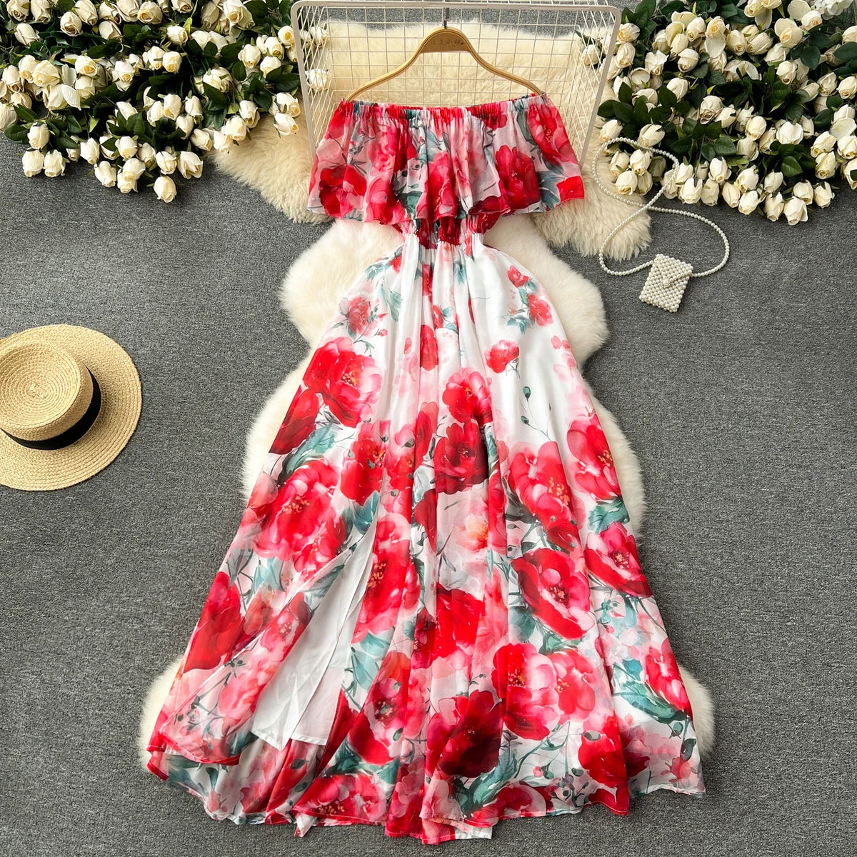 Chic Sexy Off Shoulder Print Ruffle Slash Neck Dress Fairy Print Casual A-line Dress Summer Elegant Beach Vacation Women Dresses