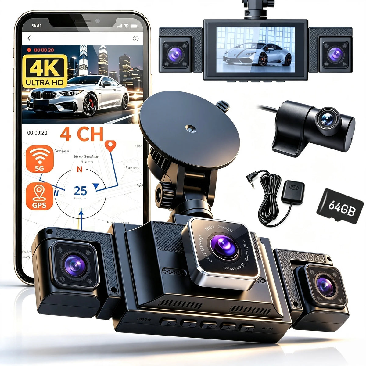 M350 3 Channel Dash Cam, 4K Front 1080P Inside, WiFi IR Night Vision Cabin Camera, Works with Apple Find My, 24/7 Recording, NO TF Card Included