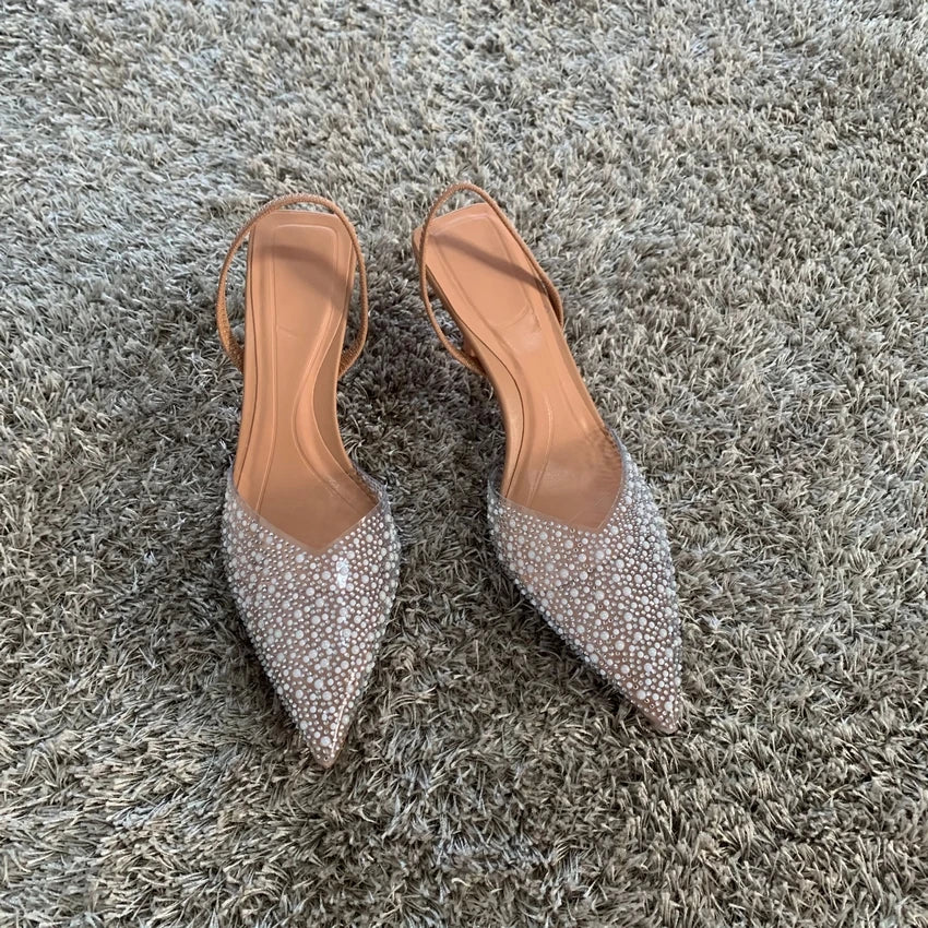 Summer Womens Pointed Toe High Heels Sandals Sexy Woman Shoes Fashion Pearl Decoration Party Wedding Slingback Woman Sandal Shoe