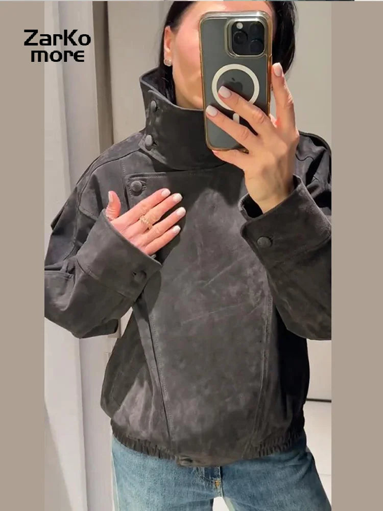 Fashion Dark Gray Suede Bomber Jacket Women Stand Collar Full Sleeve Oversize Asymmetric Street Coats 2026 Autumn Lady Jackets