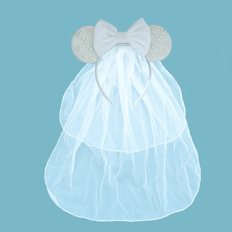 White Day Mouse Ears Headband With Veil Sequins 5"Bow Headwear For Women Festival Hairband Single Party DIY Hair Accessories