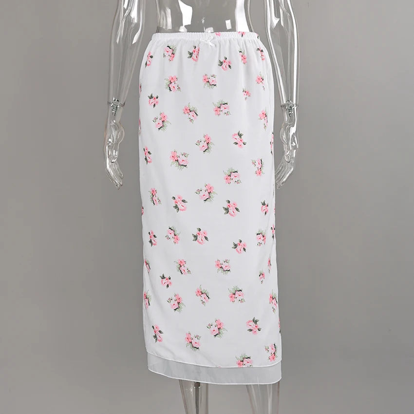 Linad Vintage Loose Print Long Skirts Woman 2026 Street Chic Mesh High Waist Straight Skirts Summer Casual Bows Skirt Female