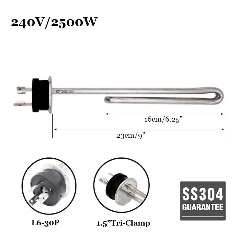 Homebrew Kettle Heating Element 1.5 Inch Tri Clamp Integrated All Stainless Steel ULWD Foldback Ripple 240v/120v