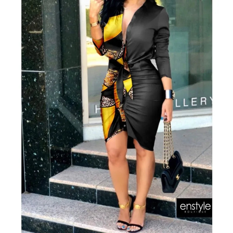 Summer Autumn New Elegant Ladies's Dress 2024 V-neck Strap Solid Color Elastic Waist Bag Hip Printed Long Sleeve Shirt Dress