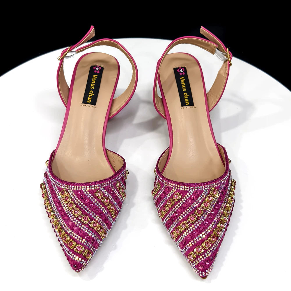2025 Shiny Italian Fashion Pointed Toe Women Heel Fashion Rhinestone Decoration Fuchsia Color Shoes And Bag Set