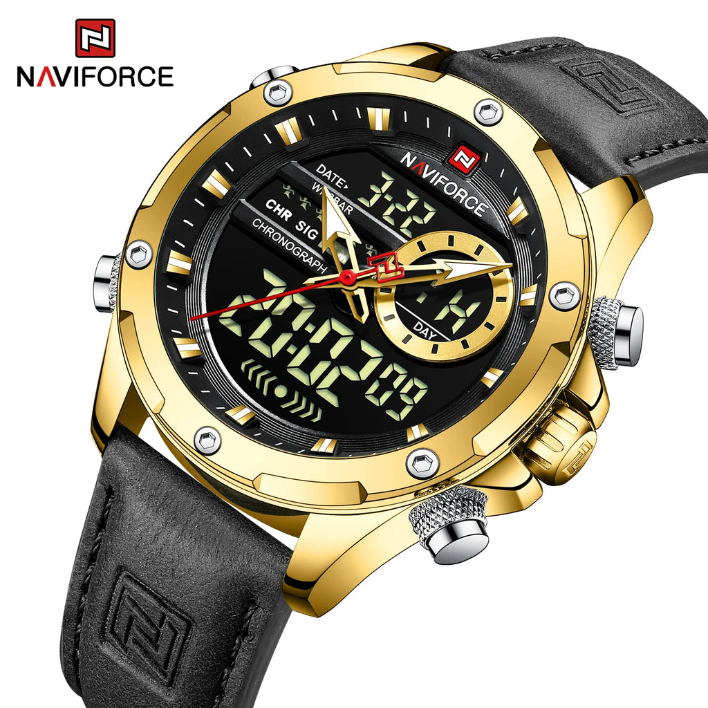 NAVIFORCE Luxury Original Watches For Men Casual Sport Chronograph Alarm Quartz WristWatch Leather Waterproof Digital Clock 9163