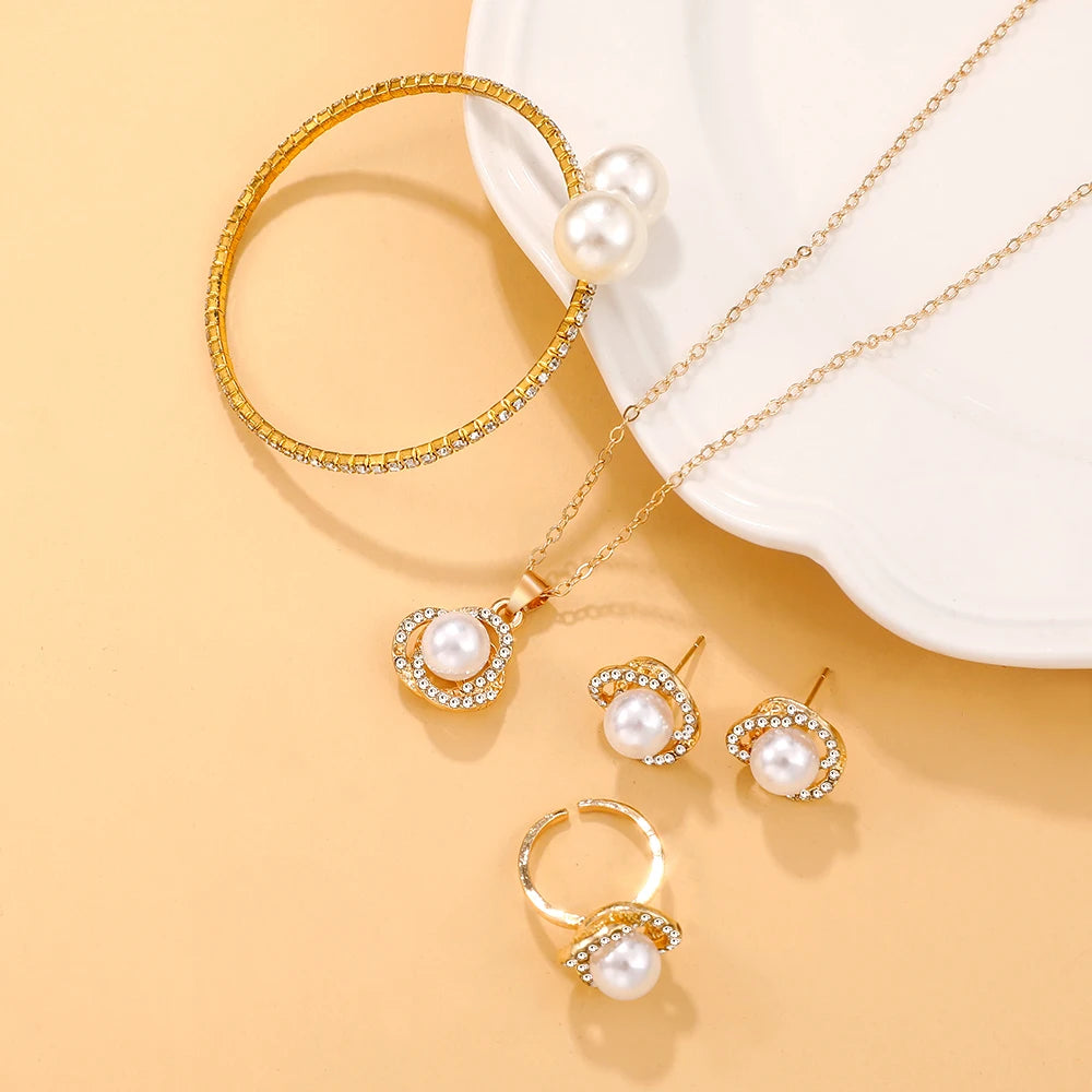 5pcs Temperament Simple Chain Imitation Pearl Pendant Necklace Earring Bracelet Ring, Wedding Travel Jewelry Set Accessory Gift