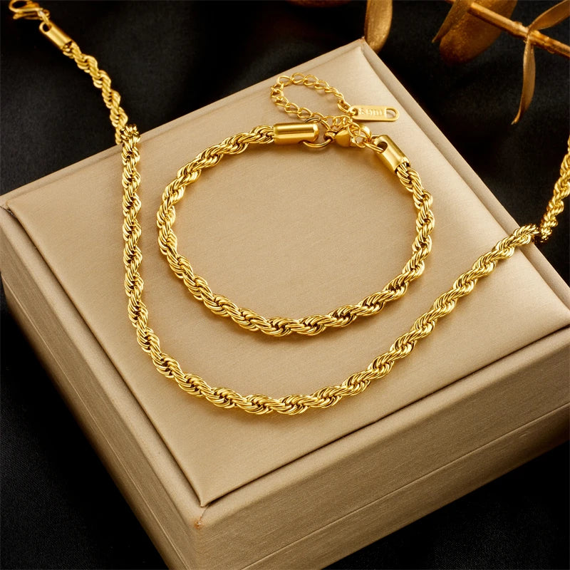 DIEYURO 316L Stainless Steel Gold Color Chain Necklace Bracelets For Women Girl Fashion Non-fading Lady Jewelry Set Accessories