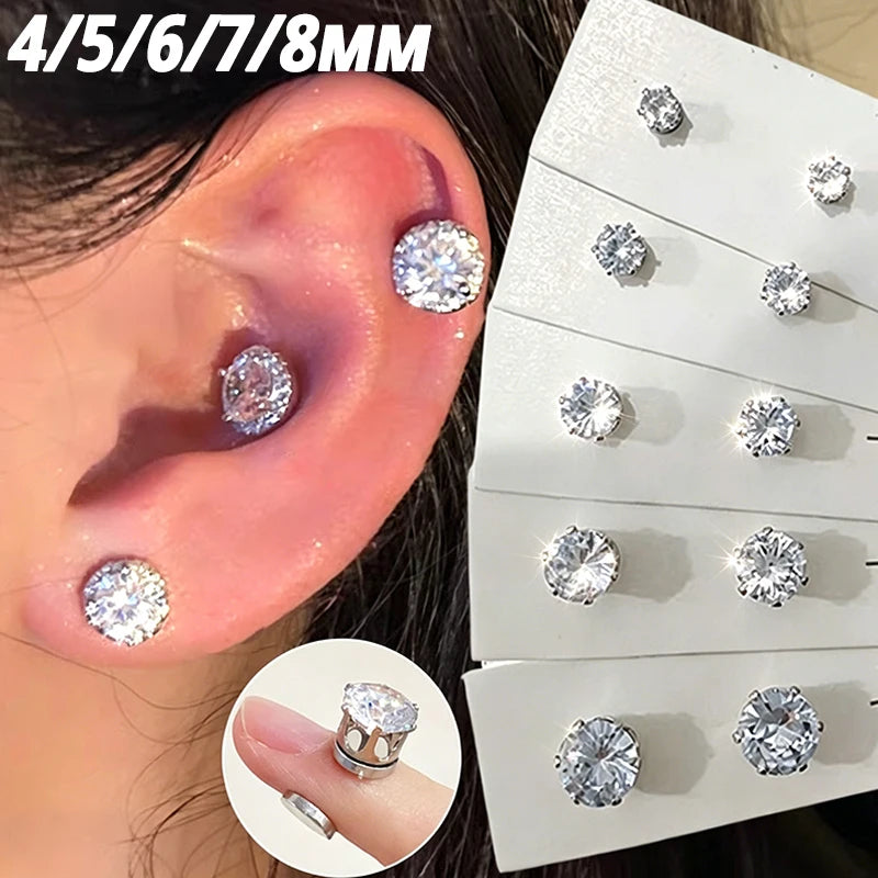 Punk Style Round Zircon Magnet Earrings Crystal Strong Magnetic Ear Stud Clip Earrings for Men Women Non Piercing Jewelry Gift