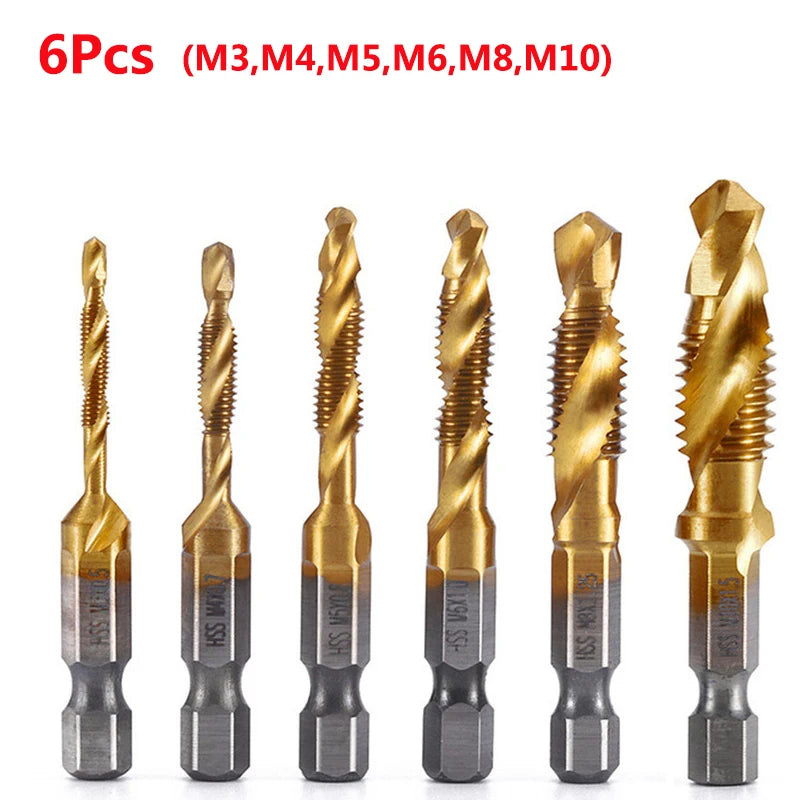 Hex Shank Titanium Plated HSS Screw Thread Metric Tap Drill Bits Screw Machine Compound Tap M3 M4 M5 M6 M8 M10 Hand Tools