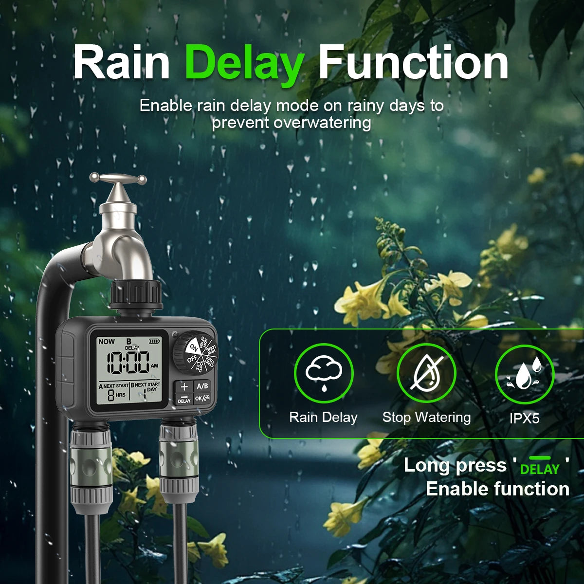 HCT-M06 Eshico 2-Zone Water Timer Automatic/Manual Sprinkler Digital Knob Set Quick Connector Smart Rain Delay Independent Water