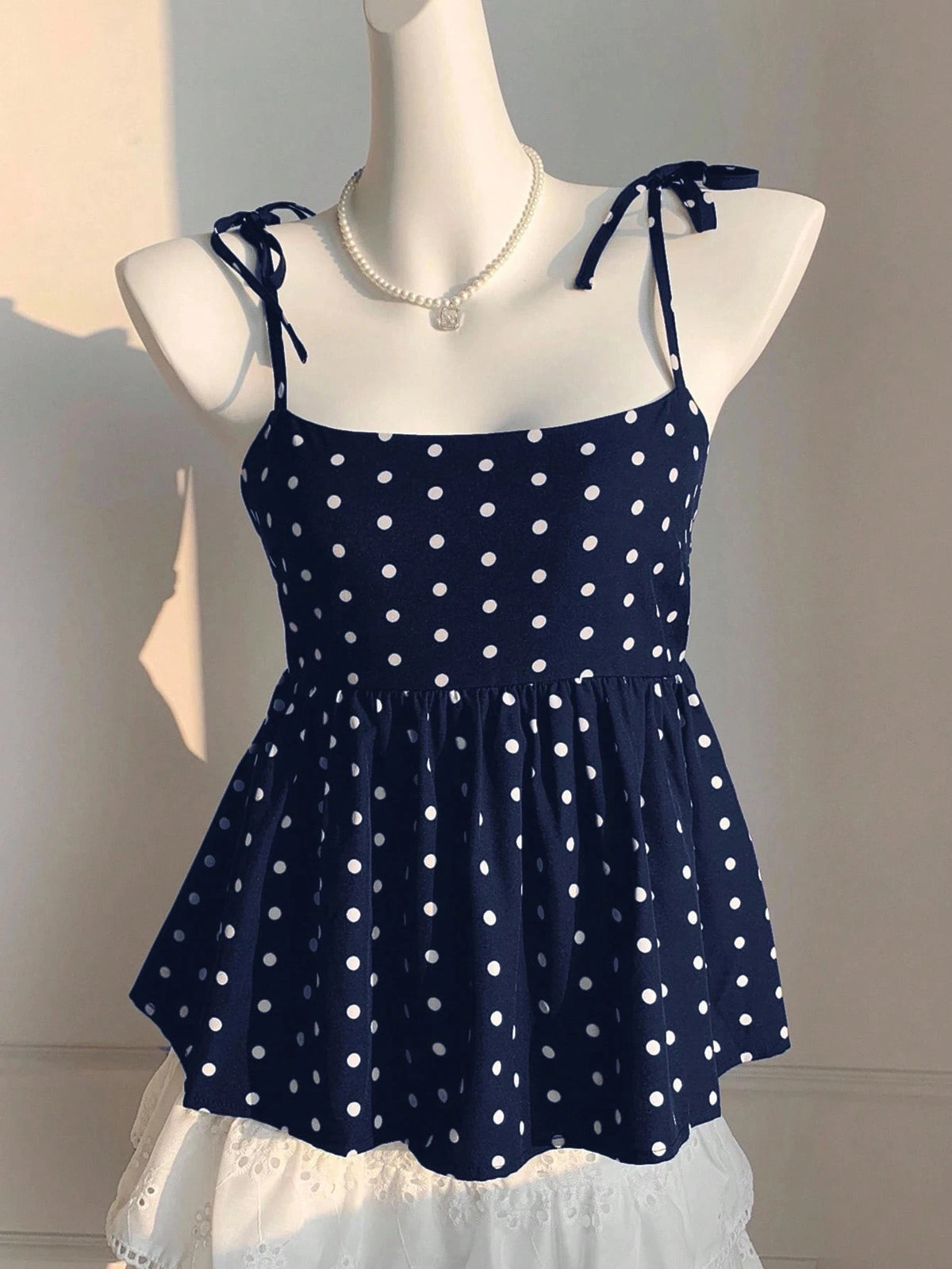 Women's Polka Dot Crop Cami With Spaghetti Straps And Flared Hem Polka Dot Camisole Babydoll Top Babydoll Tops Polkadot Top Cute