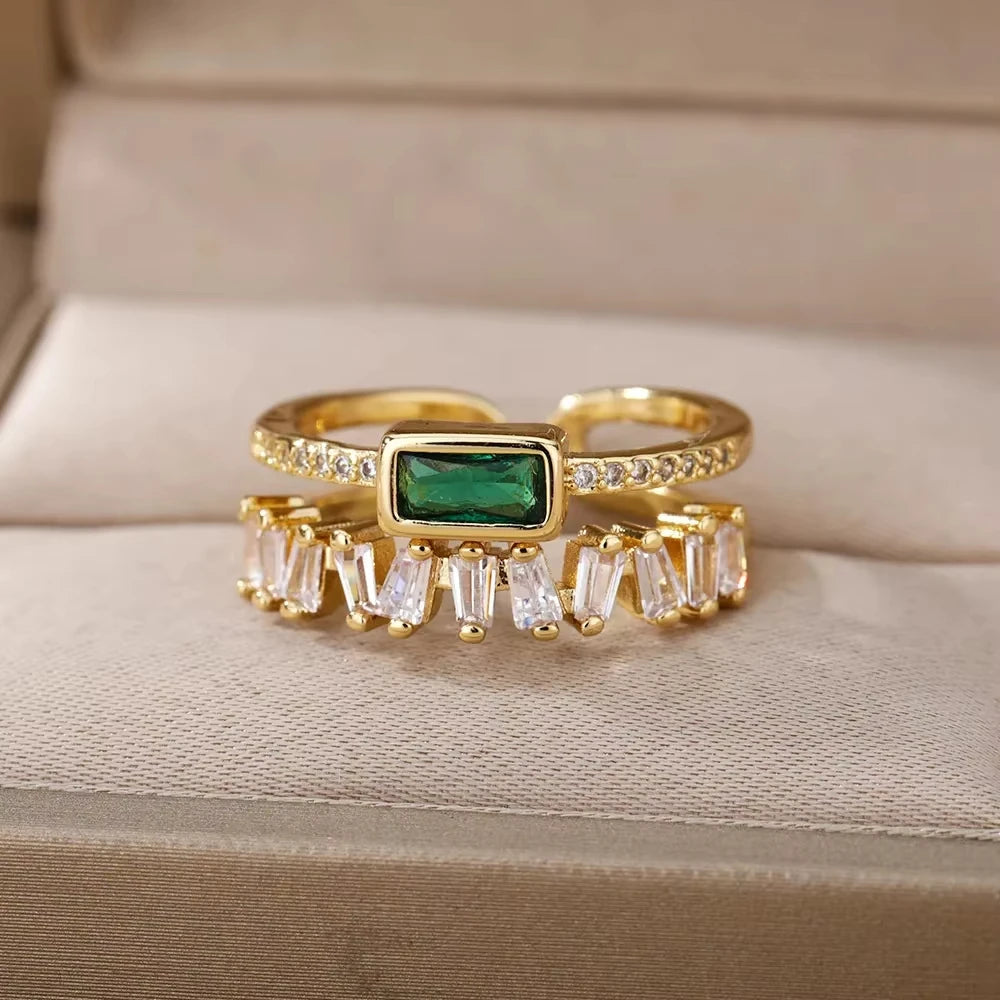 Luxury Stainless Steel Green Zircon Flower Rings For Women Snake Finger Ring Gold Plated Wedding Party Exquisite Jewelry New