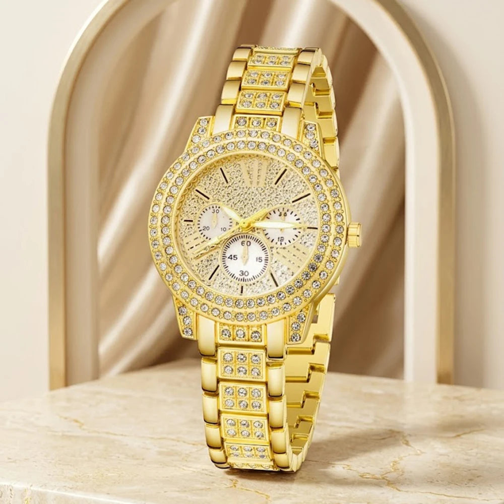 5Pcs/Set Unisex Jewelry Watches Women's Wristwatch Accessories Gold Trendy Fashionable Elegant Classic Exquisite Light Luxury Rhinestone Luxury Round Dial Quartz Watch Set Y2K Suitable for Travel, Parties, Daily Outfits, Perf