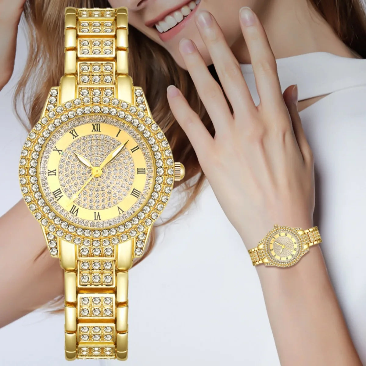 Women Rose Gold Diamond Watch 6Pcs Jewelry Set Necklace Earrings Bracelet Ring Luxury Gift For Her