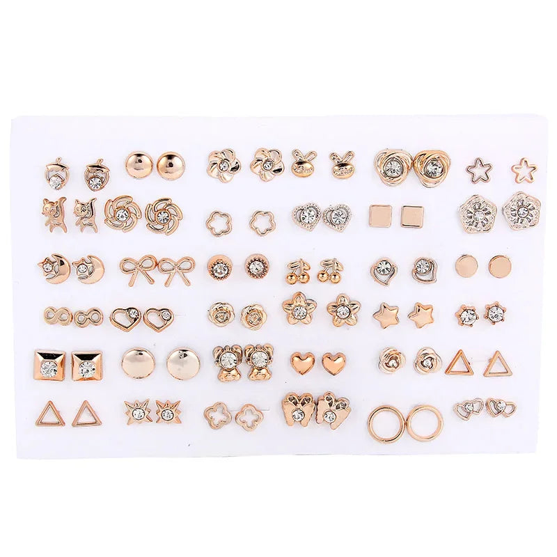 36pairs/set Silver Color Flower Stud Earring Set For Women Girl Crystal Bear Animals Earrings Jewelry Gift Mix Styles