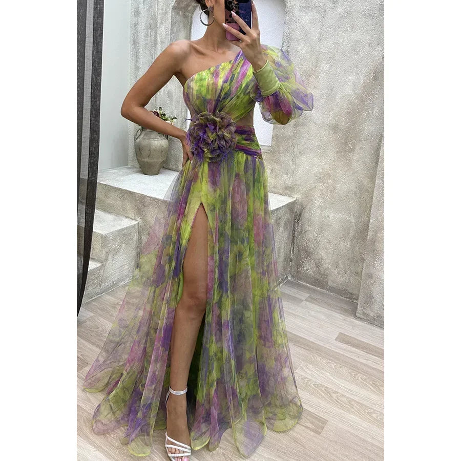 Women Sexy Party Dress Mesh Cut-outs Waist Split End Slanted Shoulders Big Swing Fashion Sleeveless Slim Floral Print Long Cloth