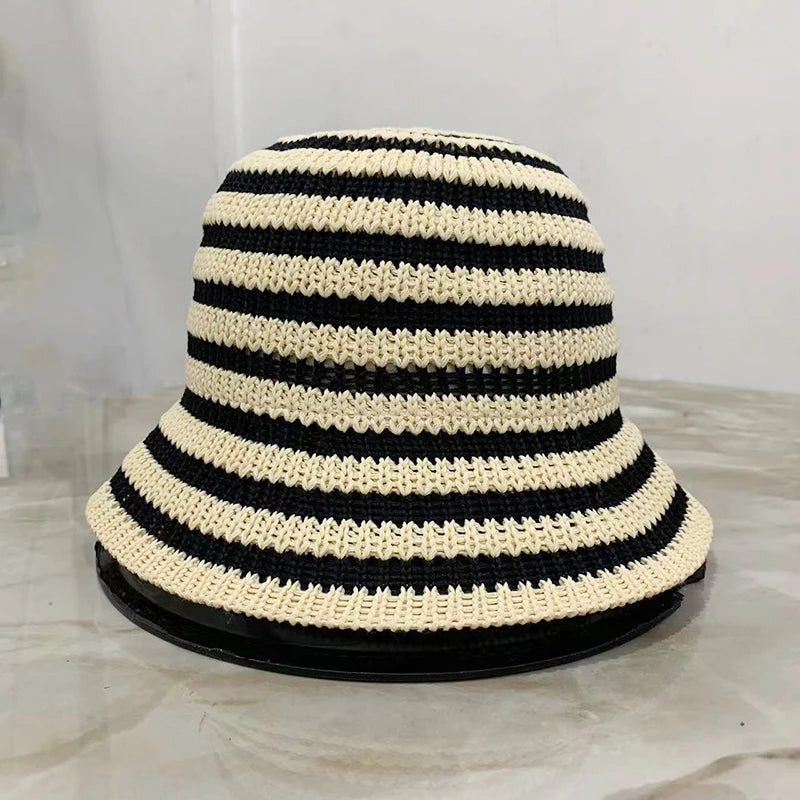 Striped Hollow Women Bucket Hat Spring Summer Outdoor Sunscreen Weave Breathable Fisherman Cap Fahsion Versatile Travel Panama