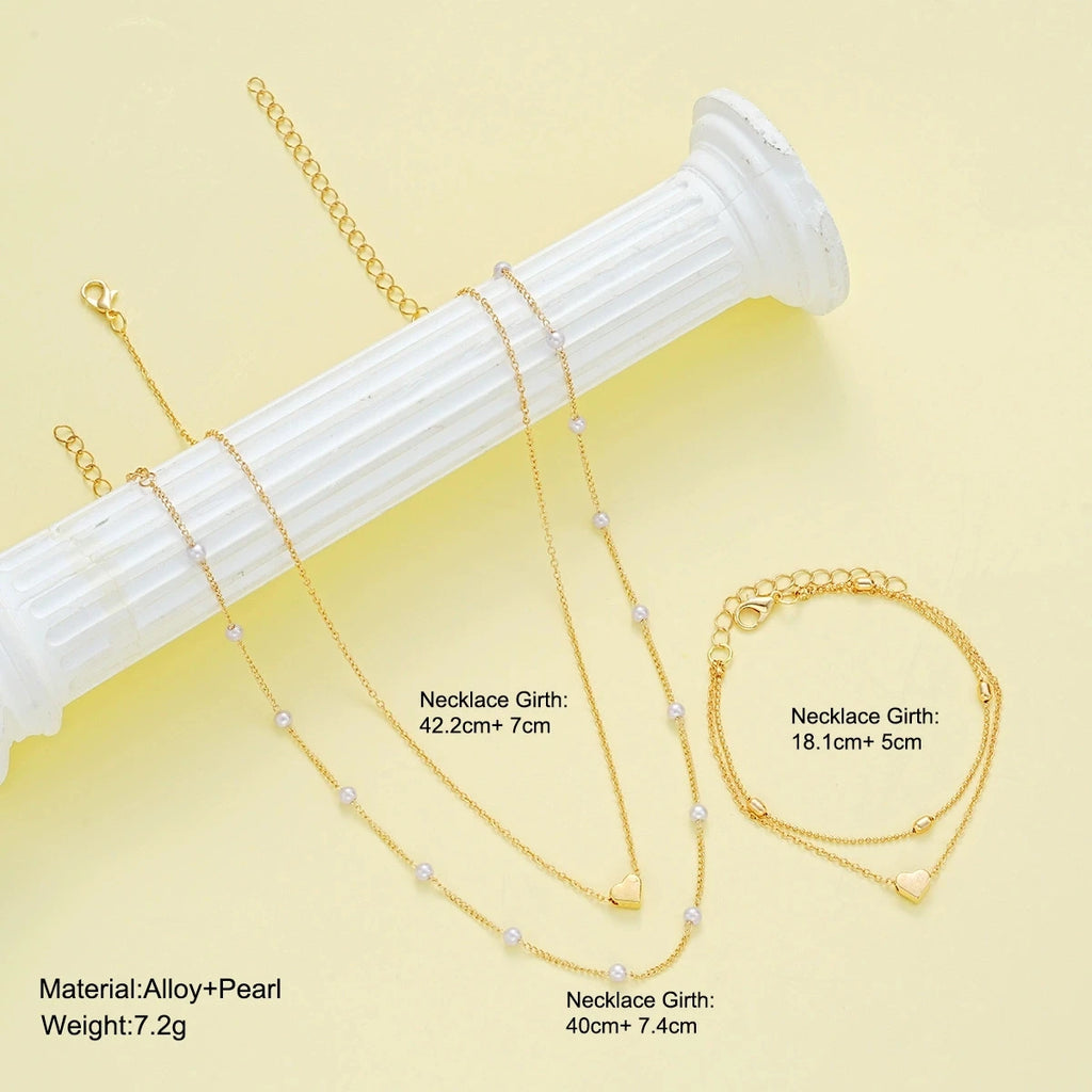 Fashion Imitation Pearl Heart Jewelry Set For Women Gold Silver Color Round Beads Necklace Bracelet Set Daily Wear Accessories