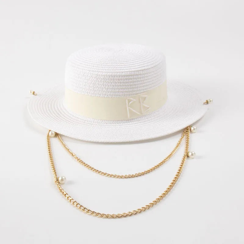 New Fashionable Metal  Letter Straw Hats for Women Men Summer Outdoor Holidays Beach Sun Hat Panama Hat