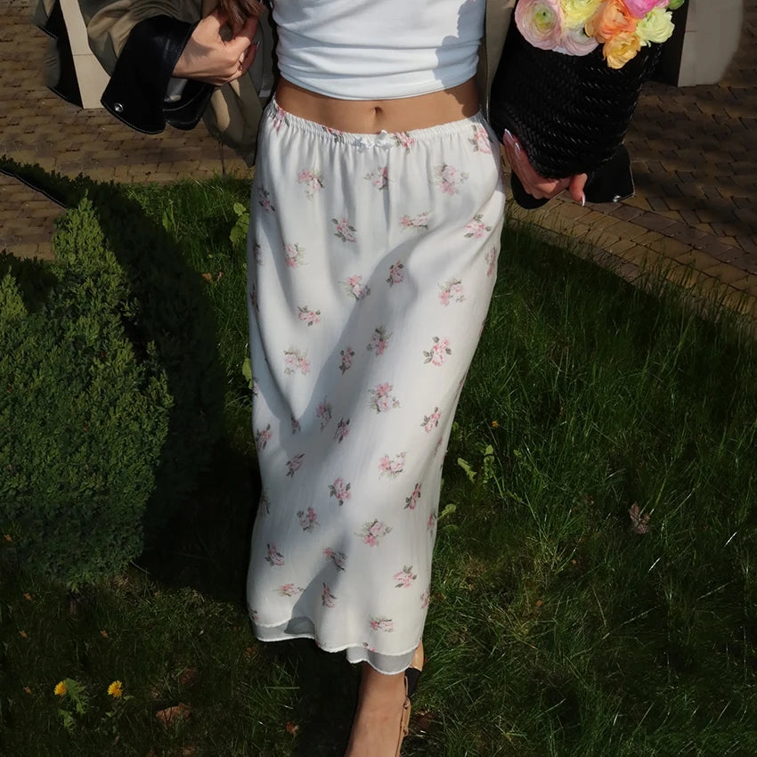 Linad Vintage Loose Print Long Skirts Woman 2026 Street Chic Mesh High Waist Straight Skirts Summer Casual Bows Skirt Female