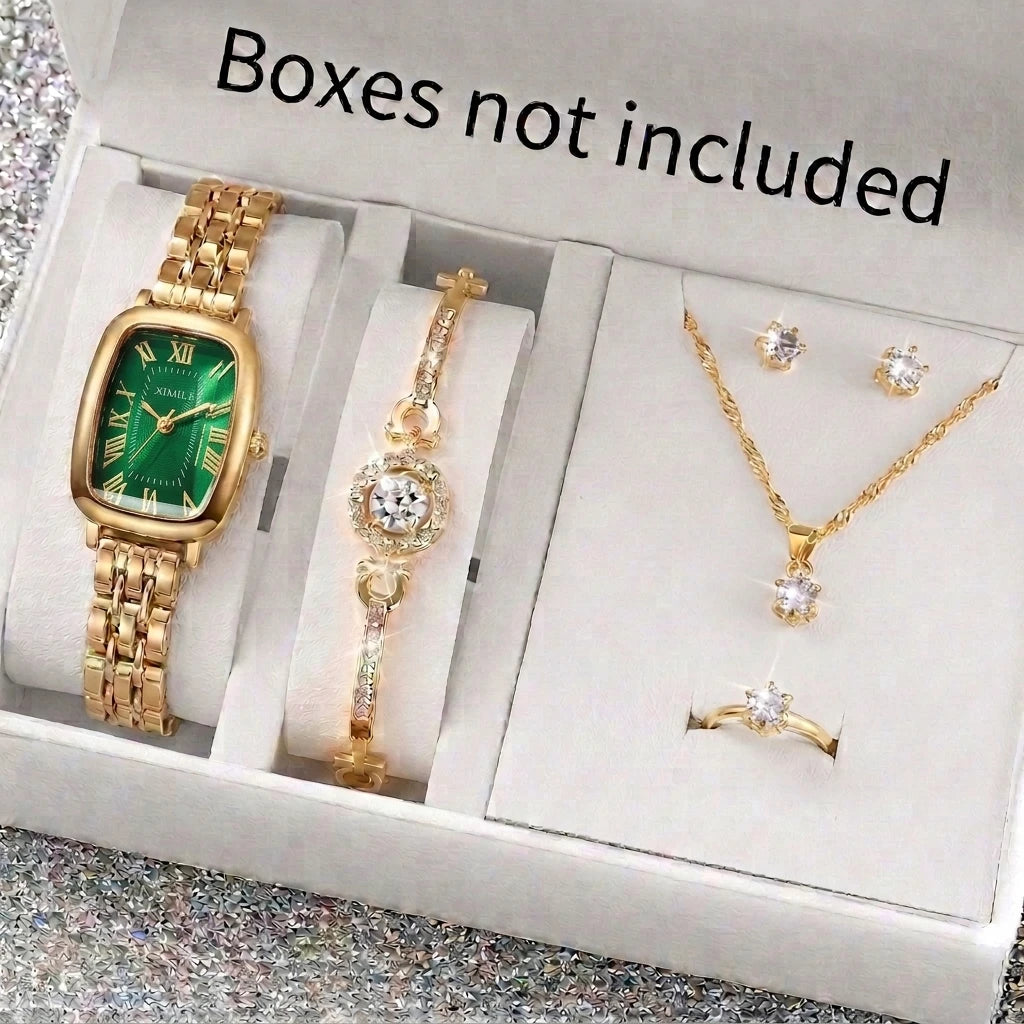 6PCS Elegant Roma Dial Women Quartz Watch Jewelry Set Ladies Bracelet Strap Wristwatches Relogio Feminino Clock Gift（Without Box