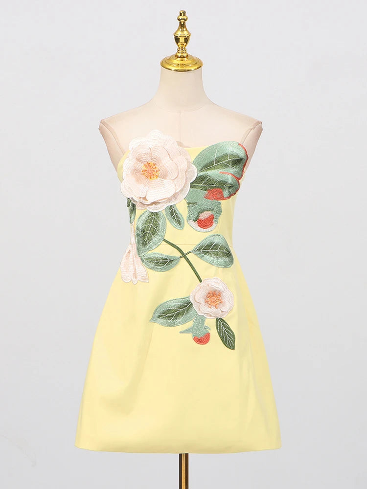 Sexy Strapless Embroidered Flower Mini Dress Women Yellow Sleeveless Backless Floral A-line Dresses Evening Party Cocktail Gowns