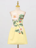 Sexy Strapless Embroidered Flower Mini Dress Women Yellow Sleeveless Backless Floral A-line Dresses Evening Party Cocktail Gowns