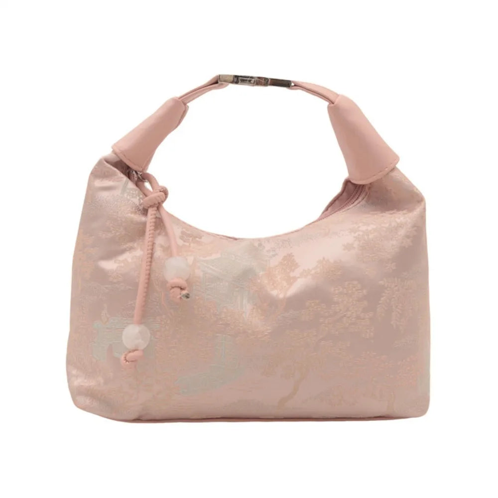 Luxury Embroidery Shoulder Bag Nylon Texture Small Armpit Bag Pearl Pendant Bucket Handbag Women Girl