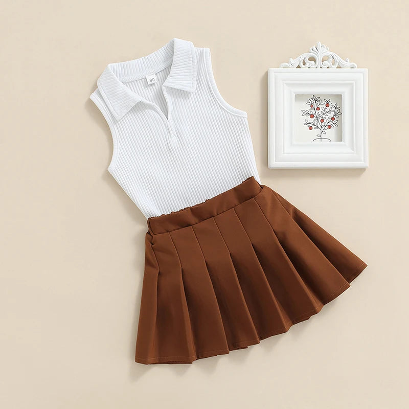 2-7Y Kids Girls Summer Clothes Sets 2026 Fashion Ribbed Sleeveless Tops + Pleated Skirts Sweet Outfits for Children Baby