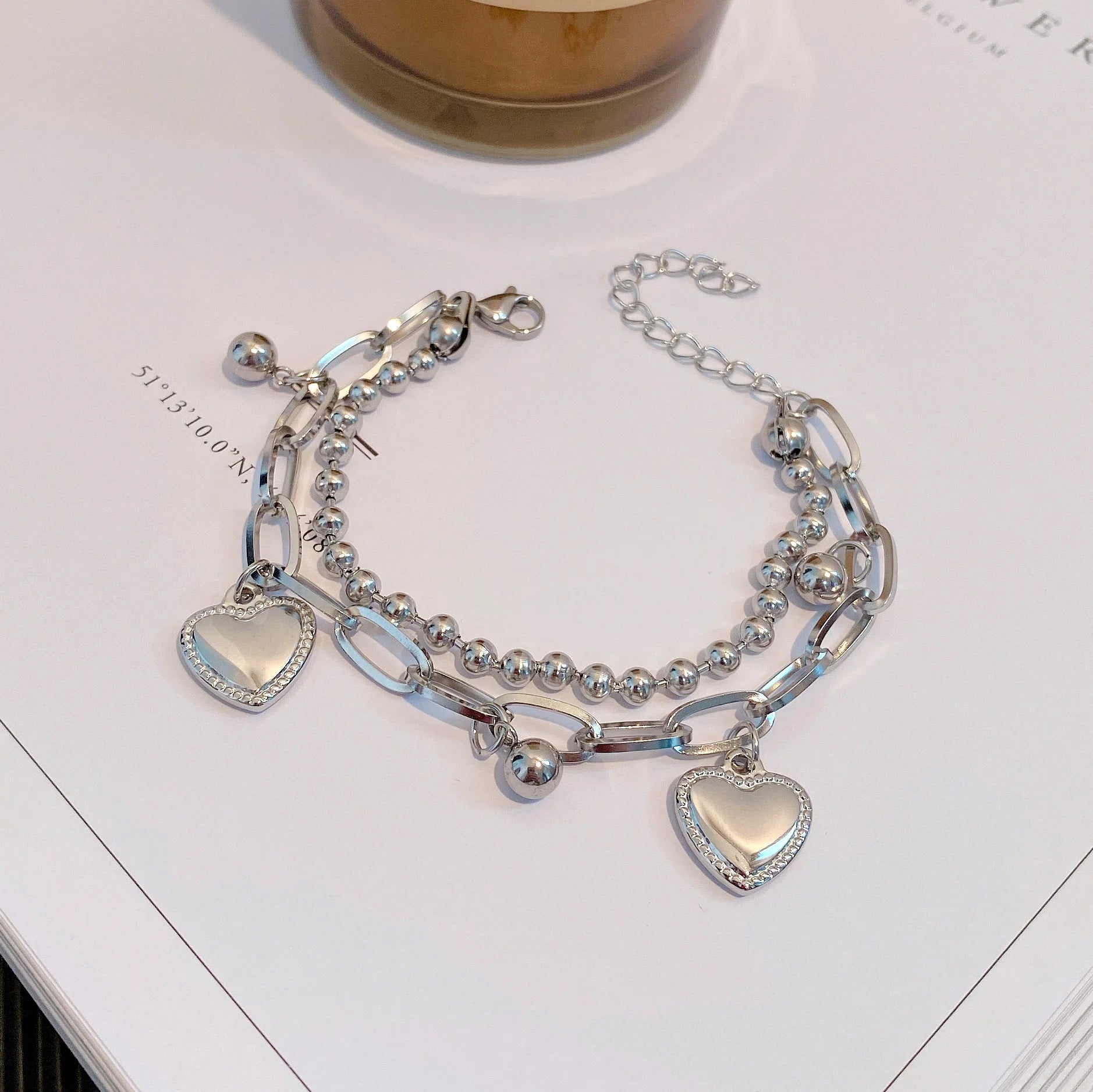 Ins Double-layers Korean Heart Tassel Bracelets for Women Sliver Love Thick Chain Beaded Bangle Hiphop Bracelet Jewelry Gift