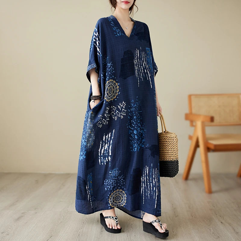 V-Neck Loose Cotton Linen Beach Skirt Summer Casual Long Dress Cover up Retro Style Holiday Fashion plus Size Women's Dress