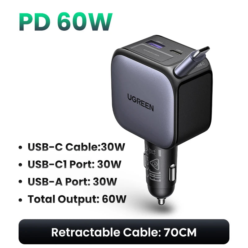 UGREEN 145W 90W 60W Car Charger 3 USB-C & 1 USB-A Ports PD QC4.0 Fast Charging with Retractable Cable for iPhone 18 Pro MacBook