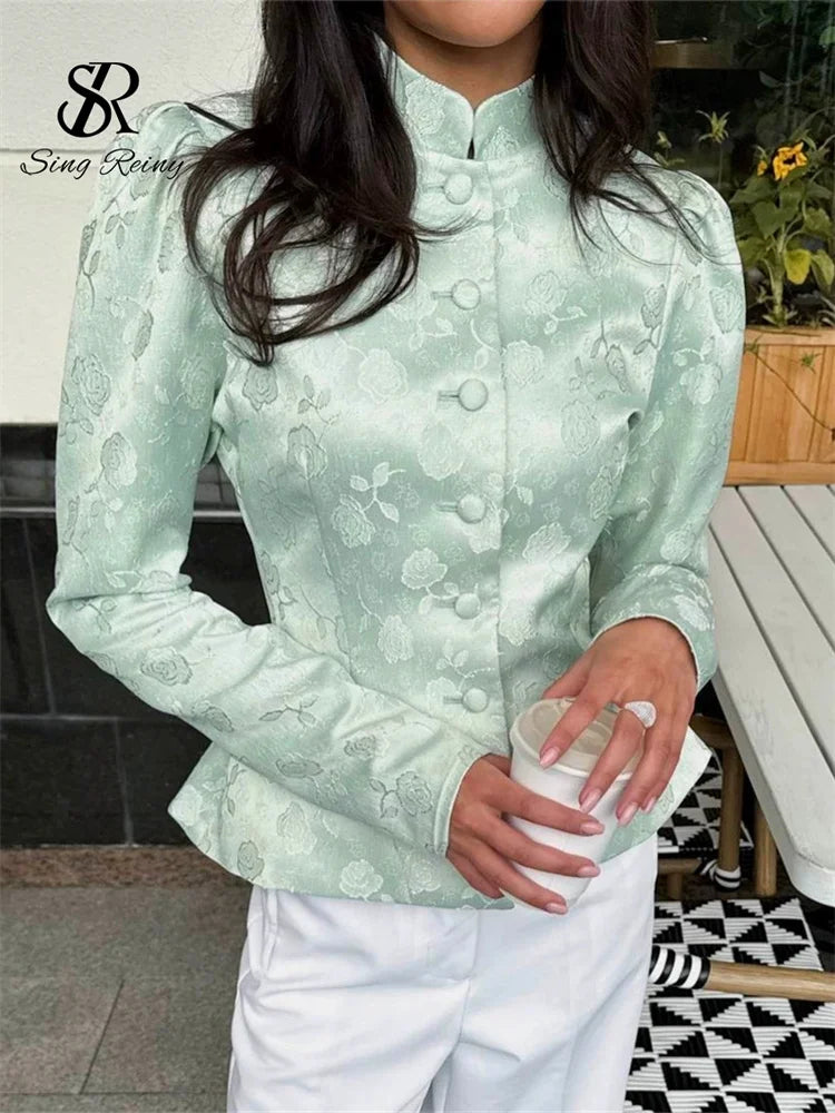 SINGREINY Jacquard Senior Blazer Autumn Stand Neck Full Sleeve Single Breast French Retro Coat Female Office Lady Slim Outerwear