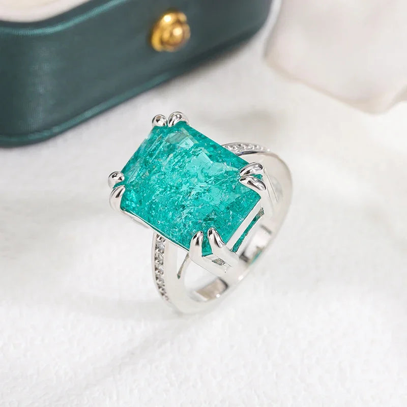 925 Silver Plated Exquisite Blue Green Moissanite Ring Fire Sparkling Luxury Open Ring Female Party Birthday Jewelry Gift