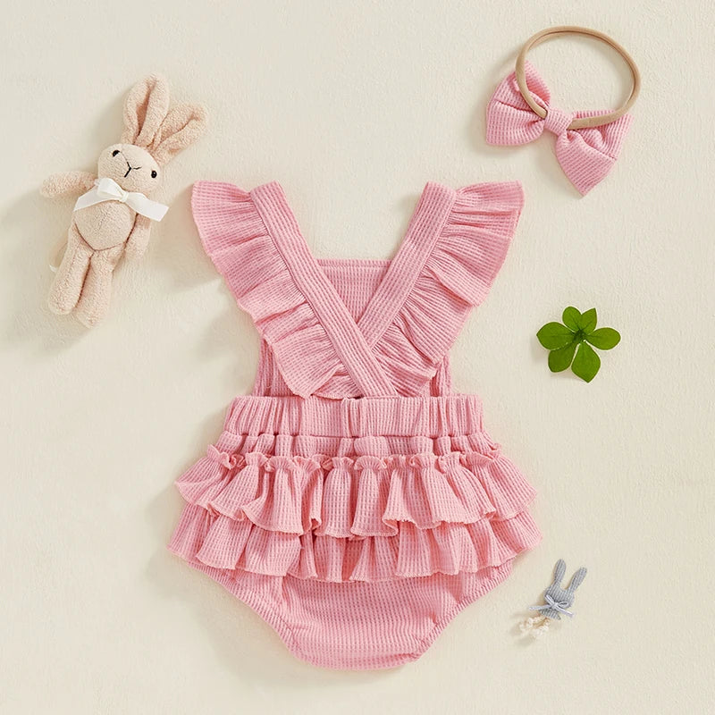 Newborn Baby Girl Easter Outfit Carrot Embroidery Romper Waffle Ruffle Bodysuit Headband Summer Outfit 0-18M