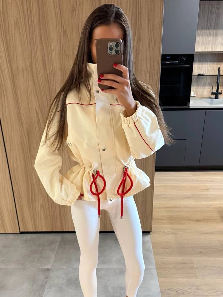 Fashion Drawstring Short Jacket Women Lapel Long Sleeve Single-breasted Slim Coat Spring Autumn Lady Daily Street Outerwear 2026