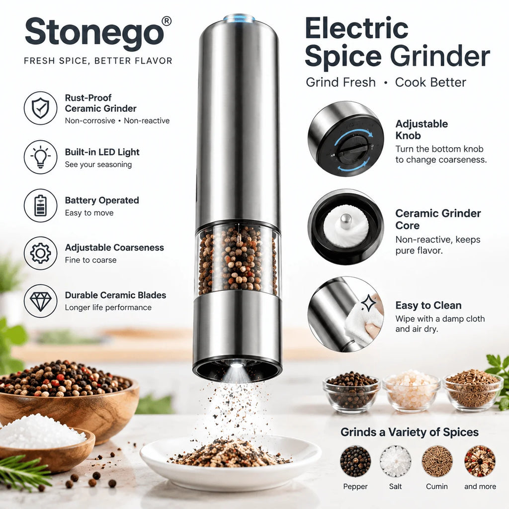 Stainless Steel Electric Pepper Grinder Salt and Pepper Mill Set for Black White Pepper Sichuan Peppercorn Rose Salt Grinding Seasoning Bottle Home Kitchen Spice Mill Tool Gadgets for Cooking Supplies Easy Use