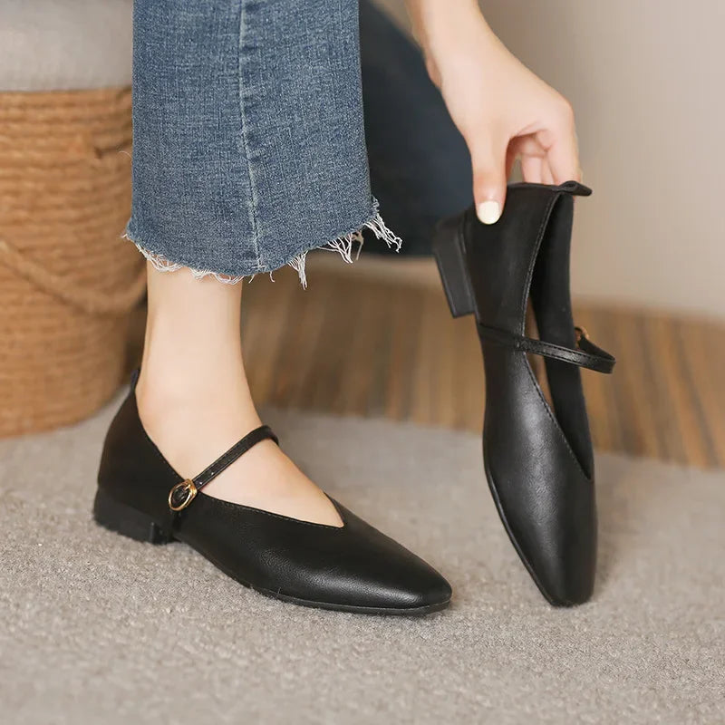 Woman Spring Casual Square Toe Low Soft Soled Lolita Flats Ballerina Red Female Elegant French Retro Buckle Mary Janes