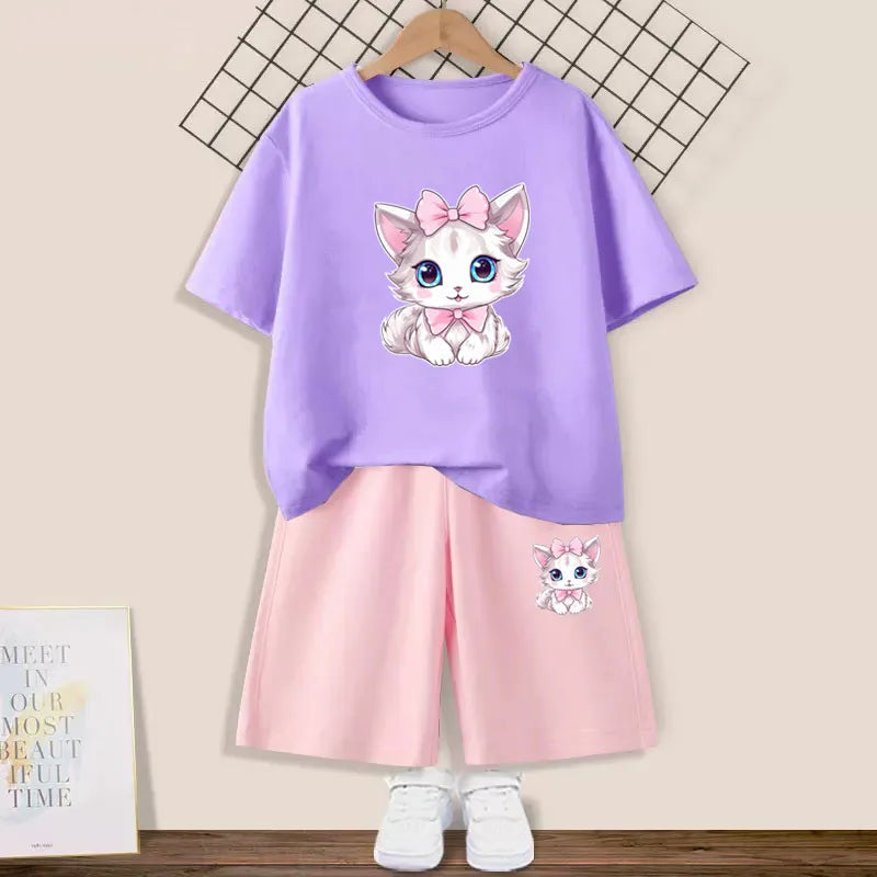 Girls Happy Cat Printed 2PC Outfit Set Summer Fashion Short Sleeve T-Shirt And Shorts Combo Cute Kids Clothing