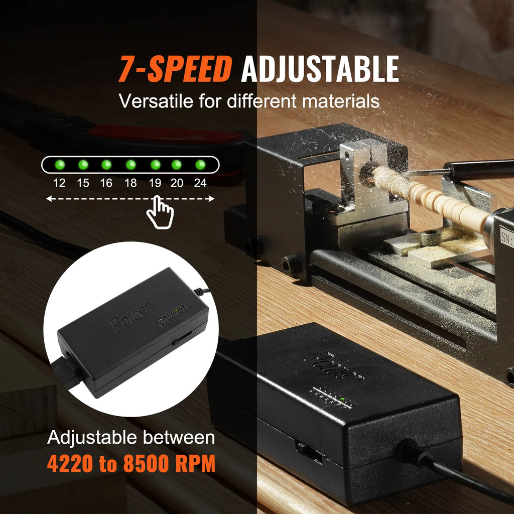 SucceBuy Mini Wood Lathe Machine 2.76inx6.3in 24VDC 96W Machine Accessories 7 Speed s for DIY Woodworking Wood Drill Rotary Tool